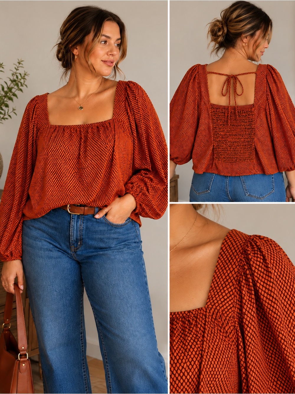 Levi’s Plus Size 4X Rust Geometric Puff Sleeve Square Neck Blouse NWT